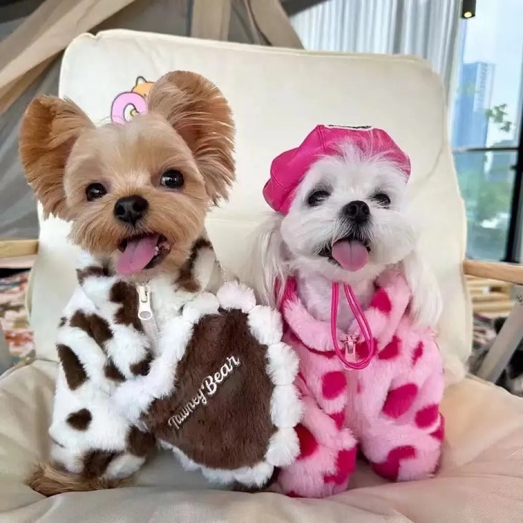 British-style polyester plush warm coat for small dogs in pink or brown colours