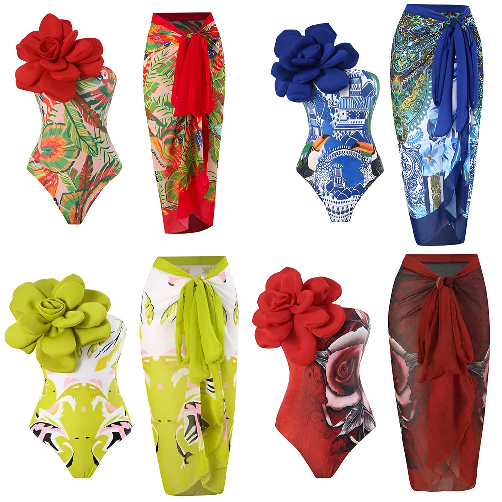 Fairy style one-piece swimsuit with printed gauze skirt for swimming, available in blue, red, and yellow green.