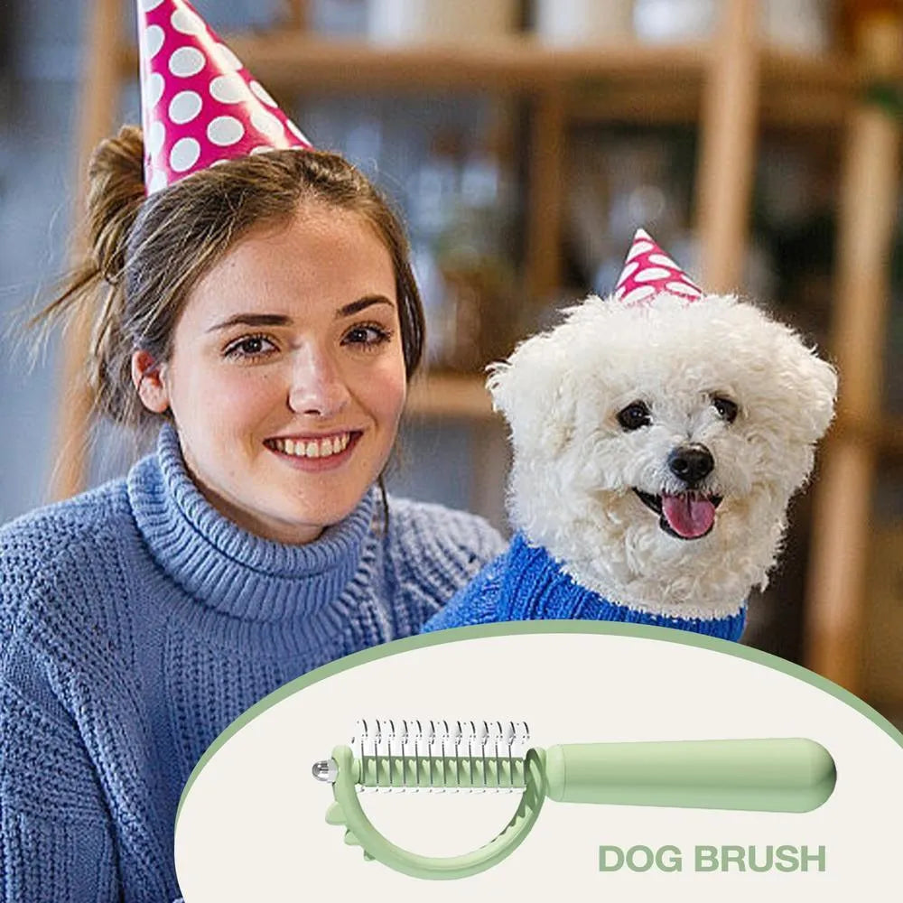 Dinosaur-shaped self-cleaning cat brush with double-sided grooming functions in blue colour