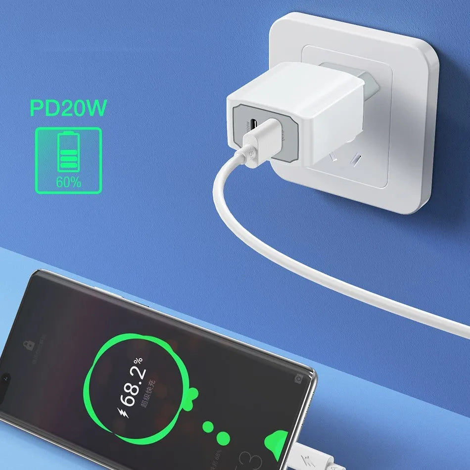 White phone fast charger set with USB cable and compact charging head