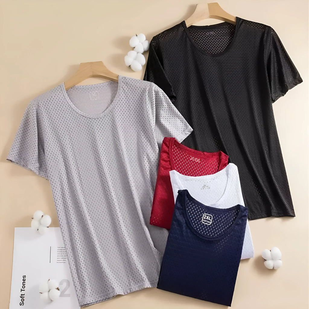 Man wearing a solid colour ice silk short sleeve crew neck T-shirt.