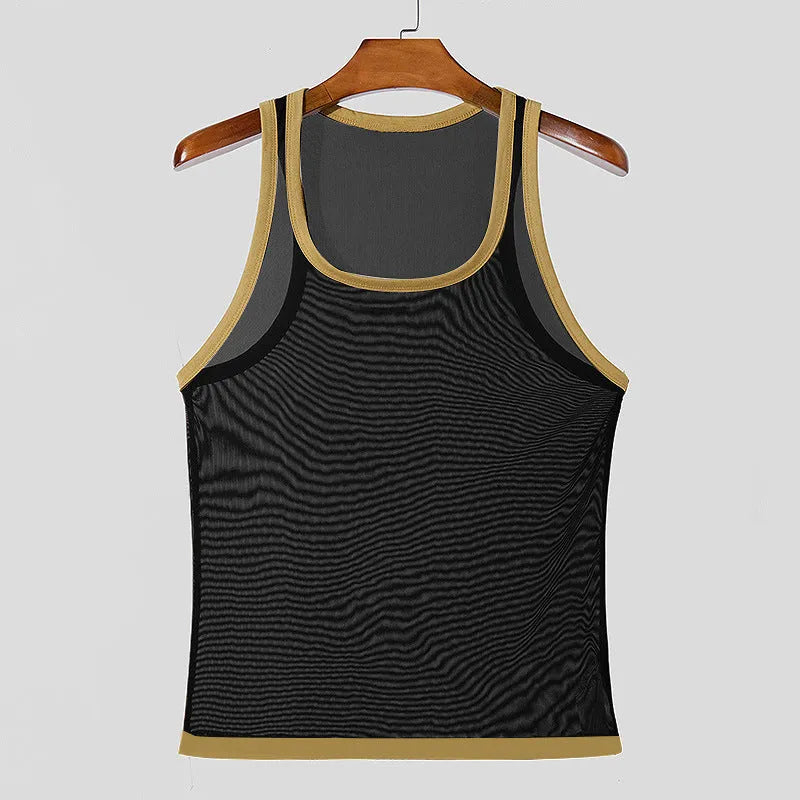 Men's white polyester mesh fitness vest with straight hem on athletic model