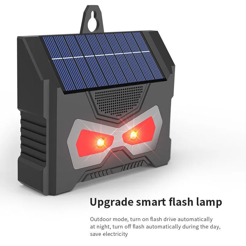 Black solar-powered outdoor ultrasonic animal repeller with charging cable