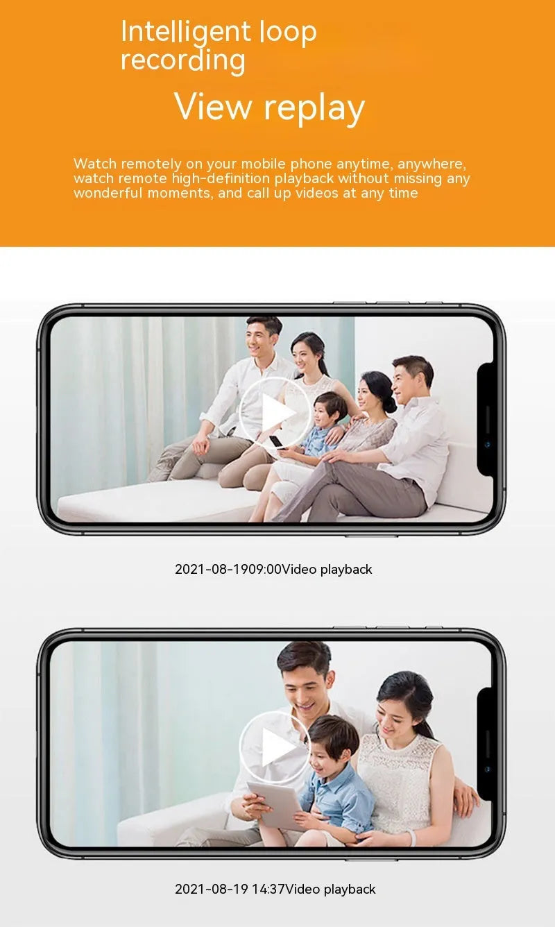 White wireless bulb security camera showing dimensions of 5cm by 12cm for indoor and outdoor use.