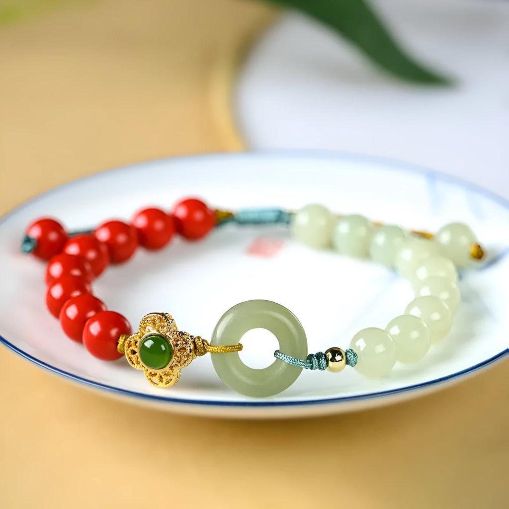 Hetian gray jade and cinnabar safety buckle bracelet with 8mm flower beads, retro style, women's accessory