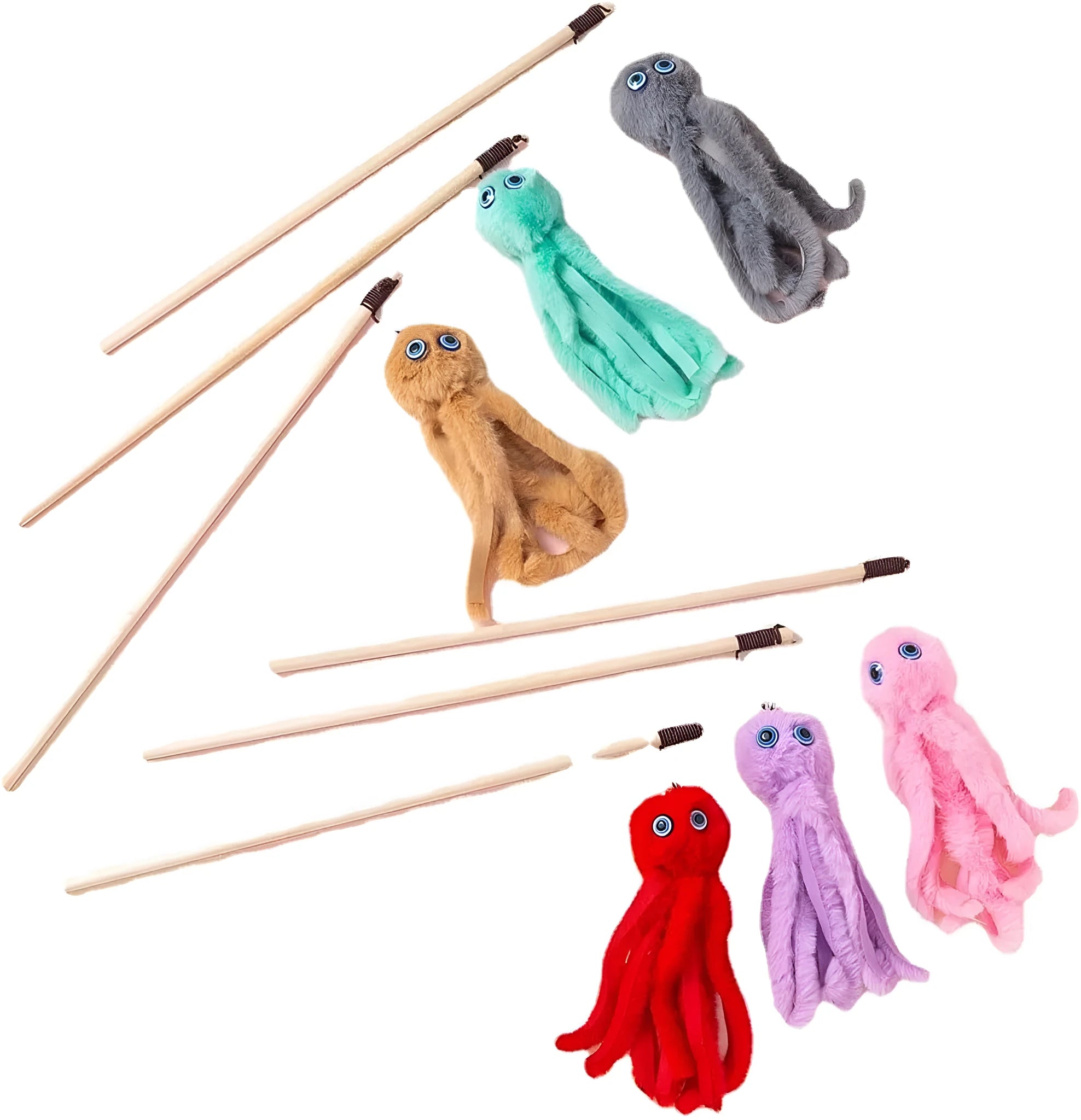 Octopus-shaped cat toy with long 40cm stick, feathers, and safety eyes in bright colours