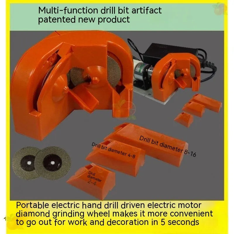 Universal portable grinding drill tool with orange and black replacement wheel sets for irregular sanding