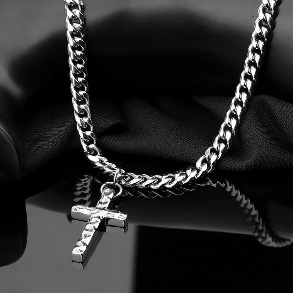 Titanium steel Cuban chain necklace in steel colour with geometric links on neutral background