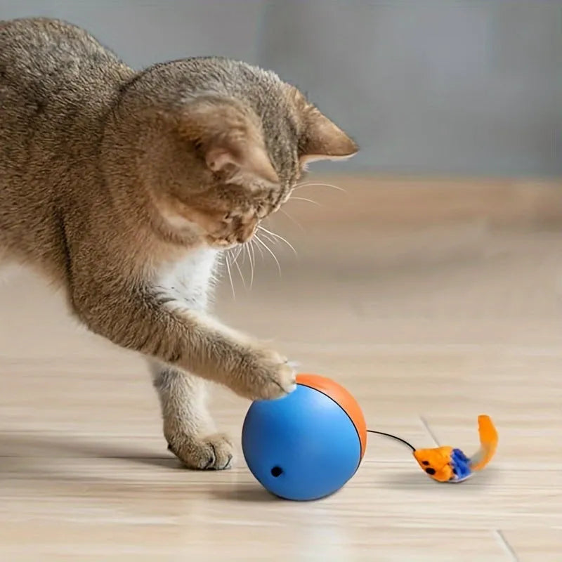 Blue and orange interactive cat toy ball with plush mouse design measuring 8.5cm diameter