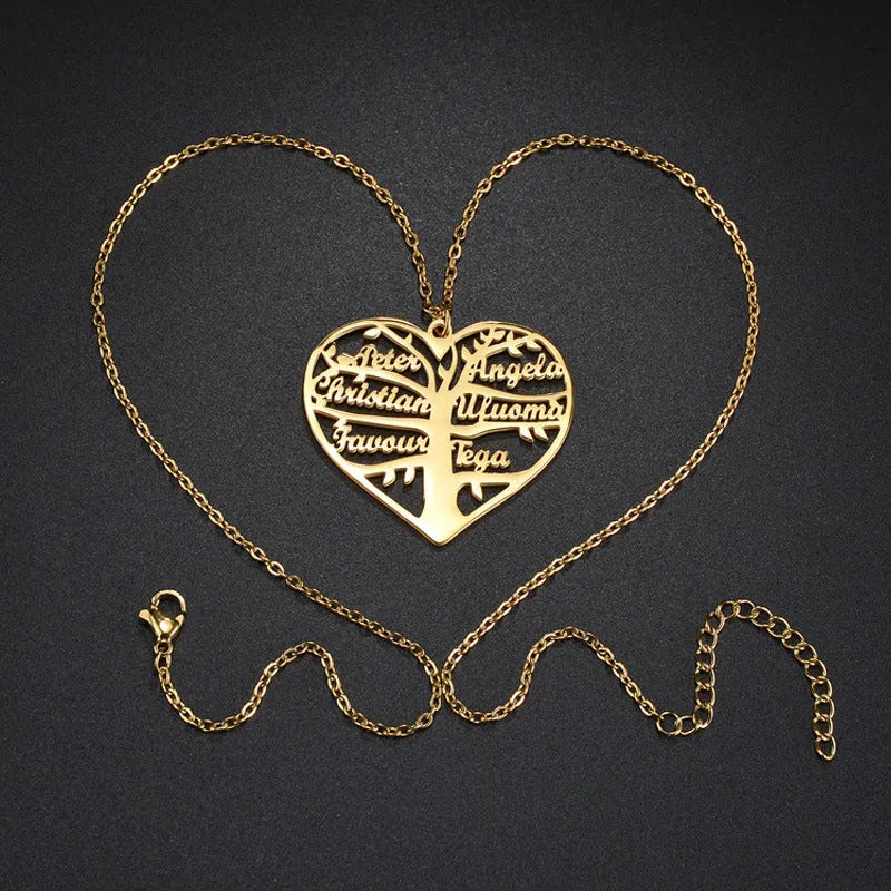 Custom hollow heart lucky tree titanium steel necklace with engraved names in silver gold and rose gold finishes