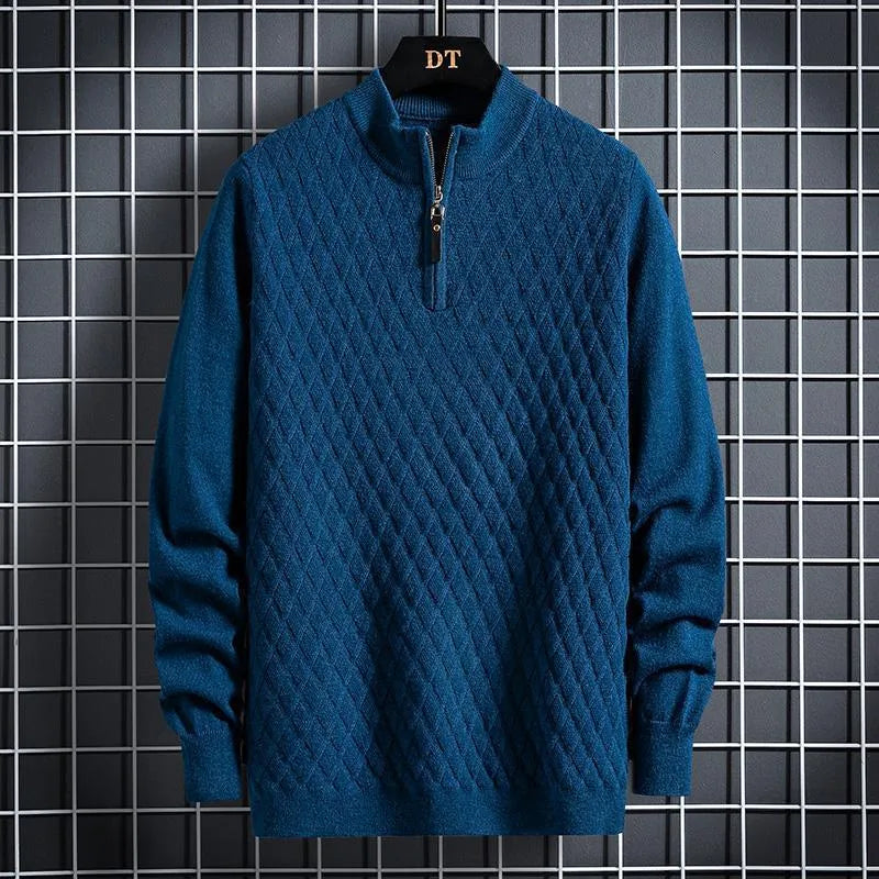 Men's half zip diamond lattice sweater pullover in milky white, slim fit, winter thickened knit