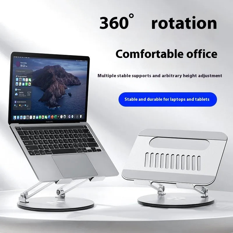 Silver aluminium alloy laptop stand with rotatable lift-up design in folded position
