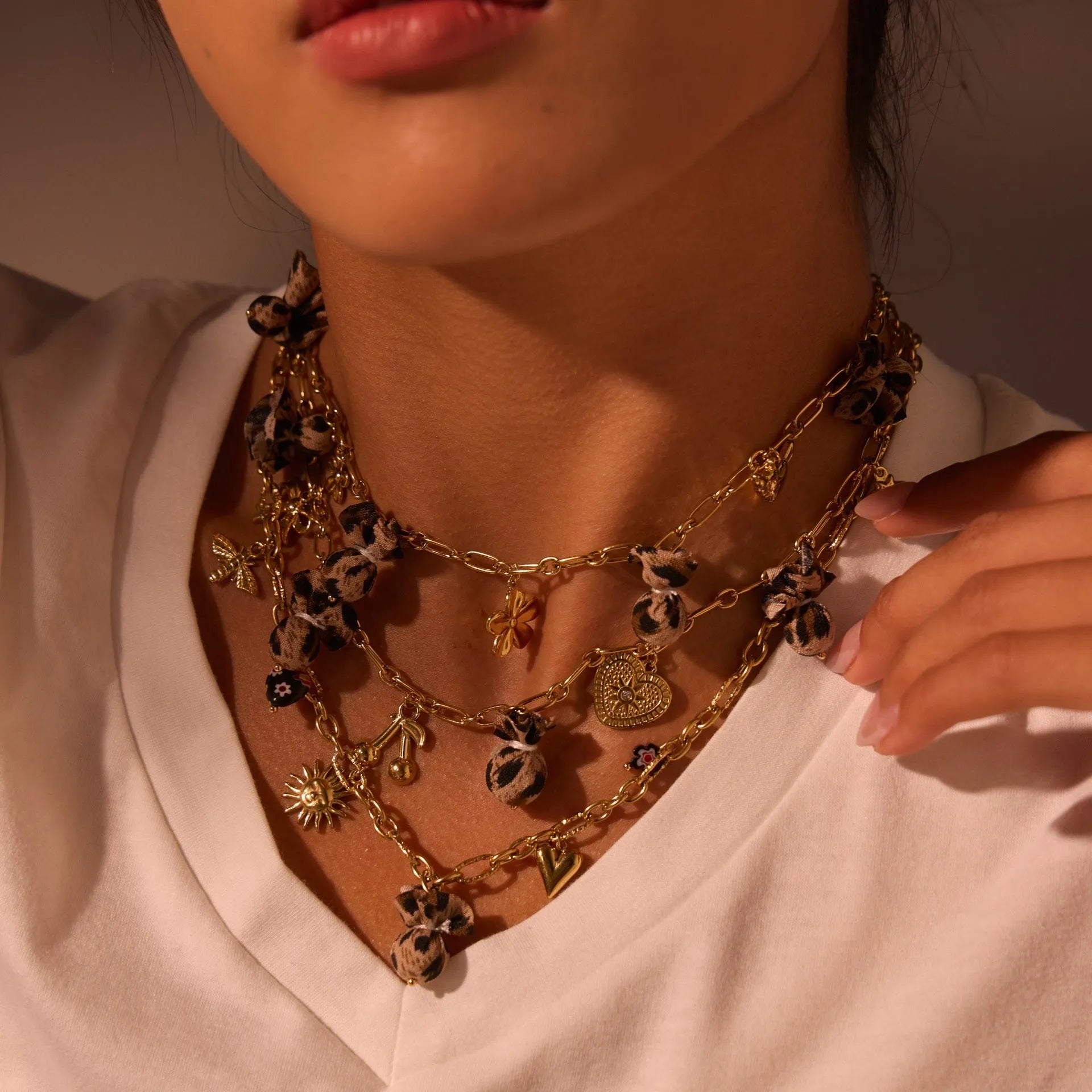Stainless steel necklace with leopard, heart and flower pendant on adjustable chain