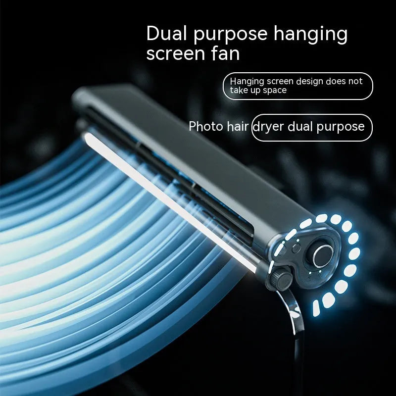 Black USB bladeless fan with clip-on laptop mount and integrated LED lighting