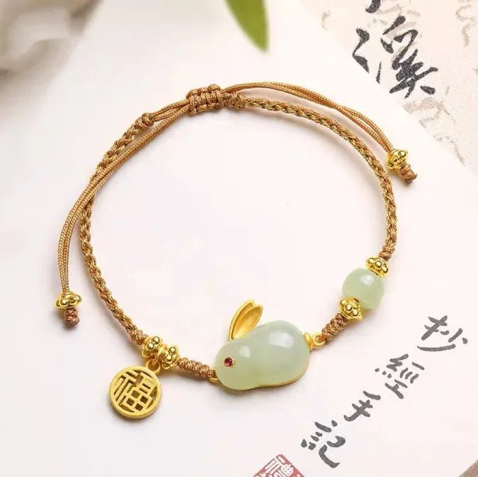 Hetian jade rabbit charm bracelet with yellow string for women