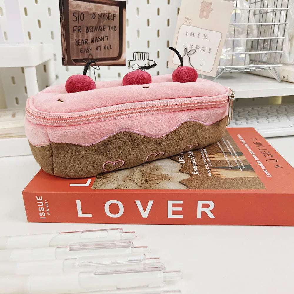 Cherry cake plush design velvet pencil bag in Korean style