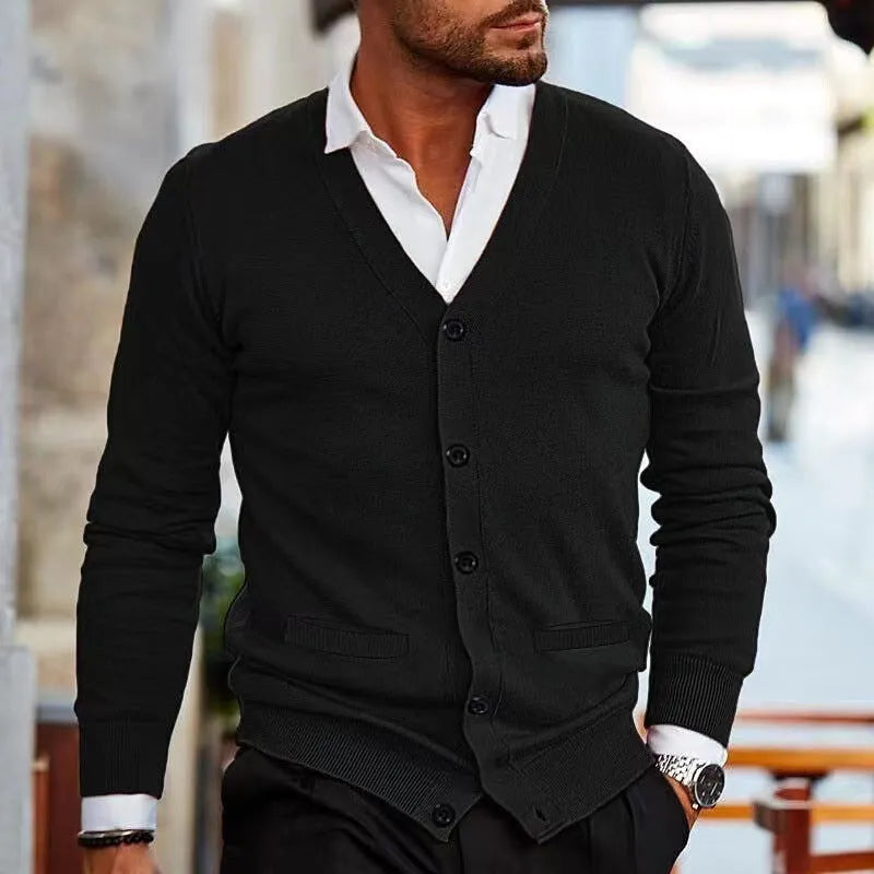 Men's slim fit acrylic cardigan sweater in light grey colour showing front button detail and long sleeves
