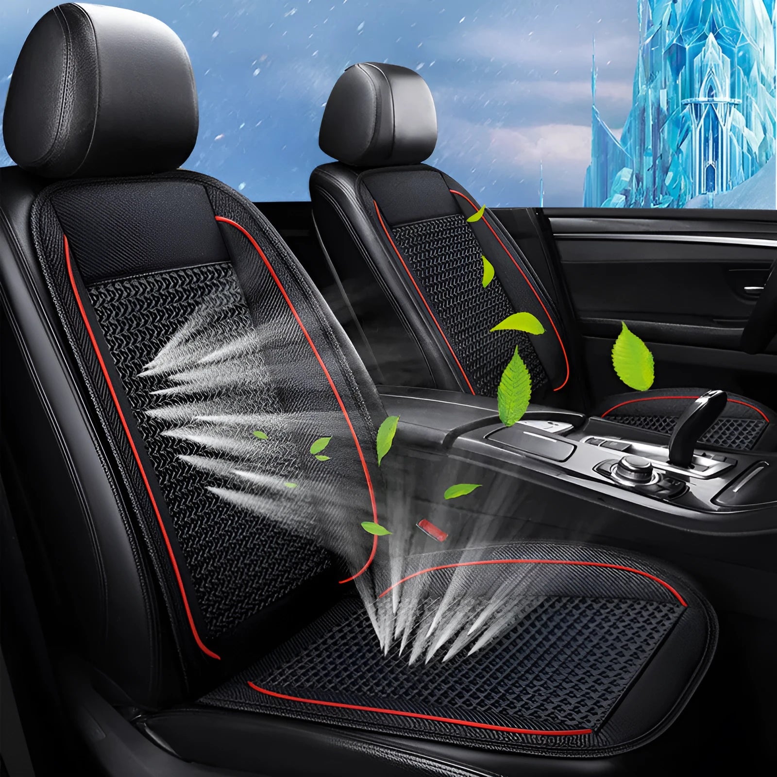 Black car ventilation seat cushion with massage function measuring 60x60cm