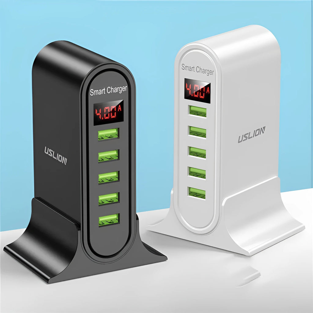 Black and white Smart LED Digital Display USB wall charger showing UK, US, and EU plug options.