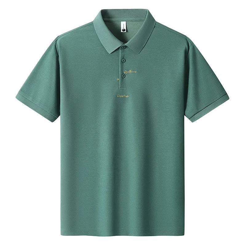 Men's casual cotton short sleeve T-shirt in a loose fit, featuring a letter pattern, shown in one of six available colours.