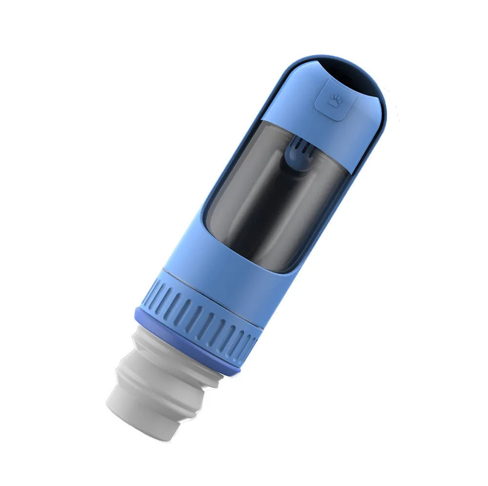 Portable dog water bottle with integrated drinking bowl in dark blue, white or yellow colours