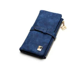 Vertical long wallet with retro matte leather finish showing zip closure and internal card organisation
