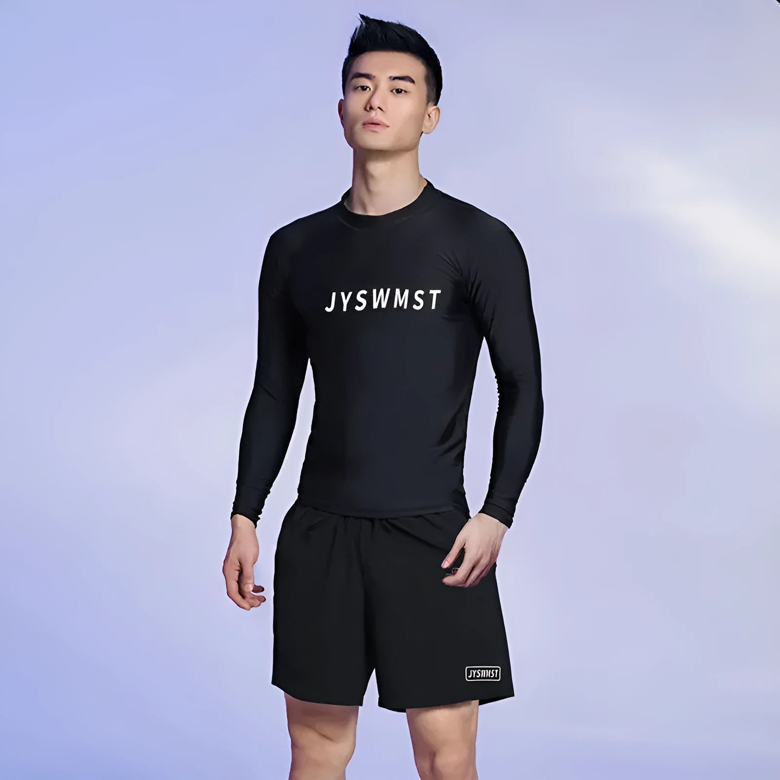 Men's plus size polyester swimsuit set with top and swimming trunks