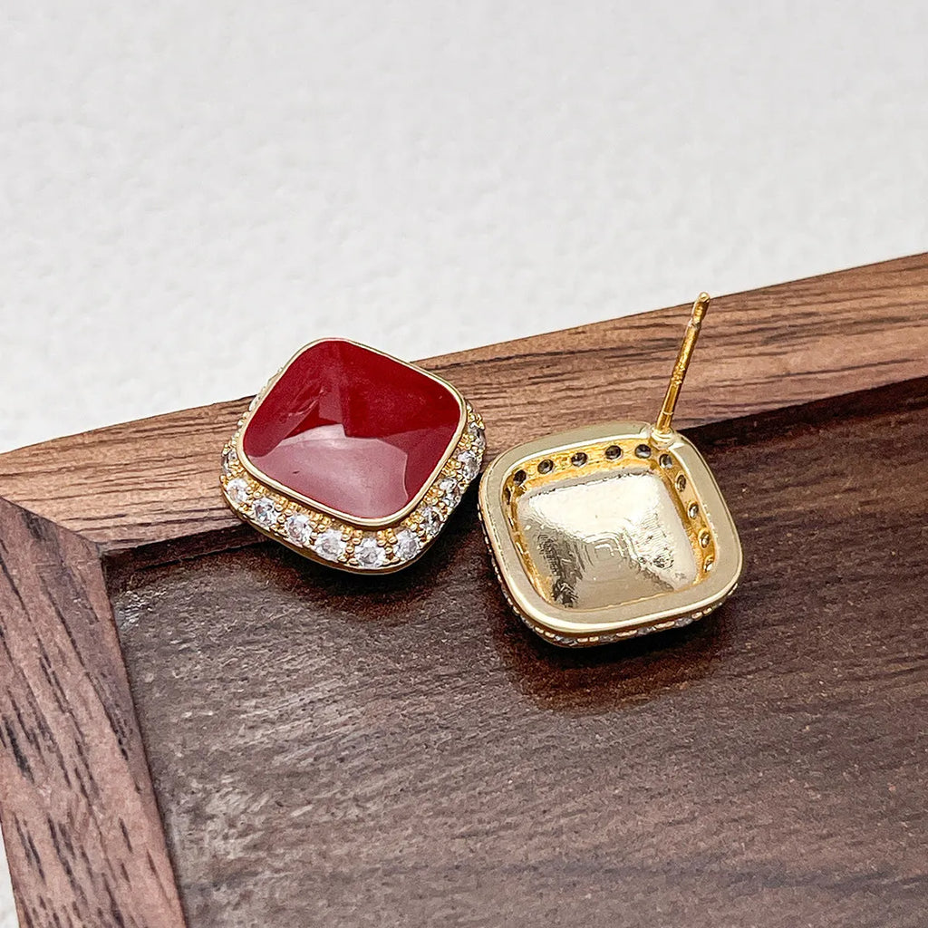 Red alloy plate earrings with inlaid square geometric design for women