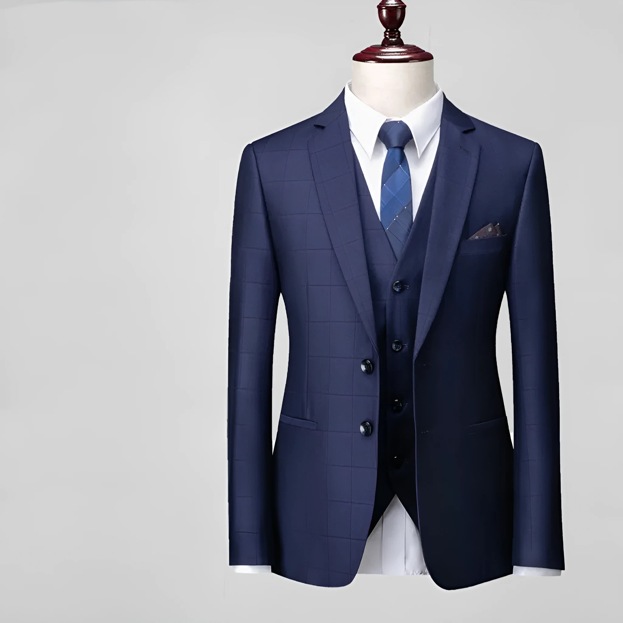Men's navy blue three-piece slim fit plaid business casual suit with vest, jacket and trousers