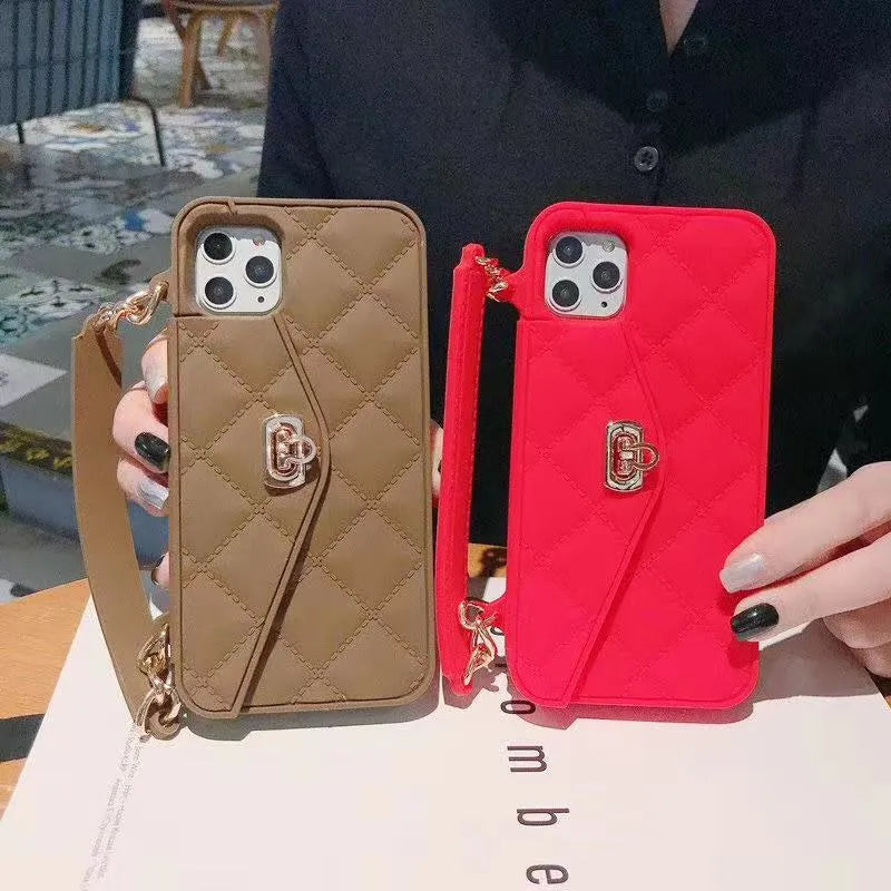 Luxury silicone iPhone case with pearl chain lanyard in various colours compatible with multiple iPhone models