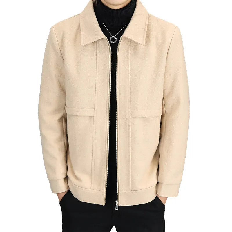 Men's casual polo collar jacket in khaki and grey with side pockets and regular sleeves