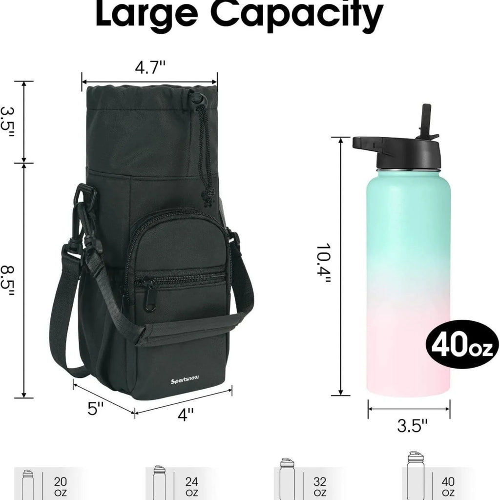 Cloth crossbody water bottle pouch in black, green, or pink colour options