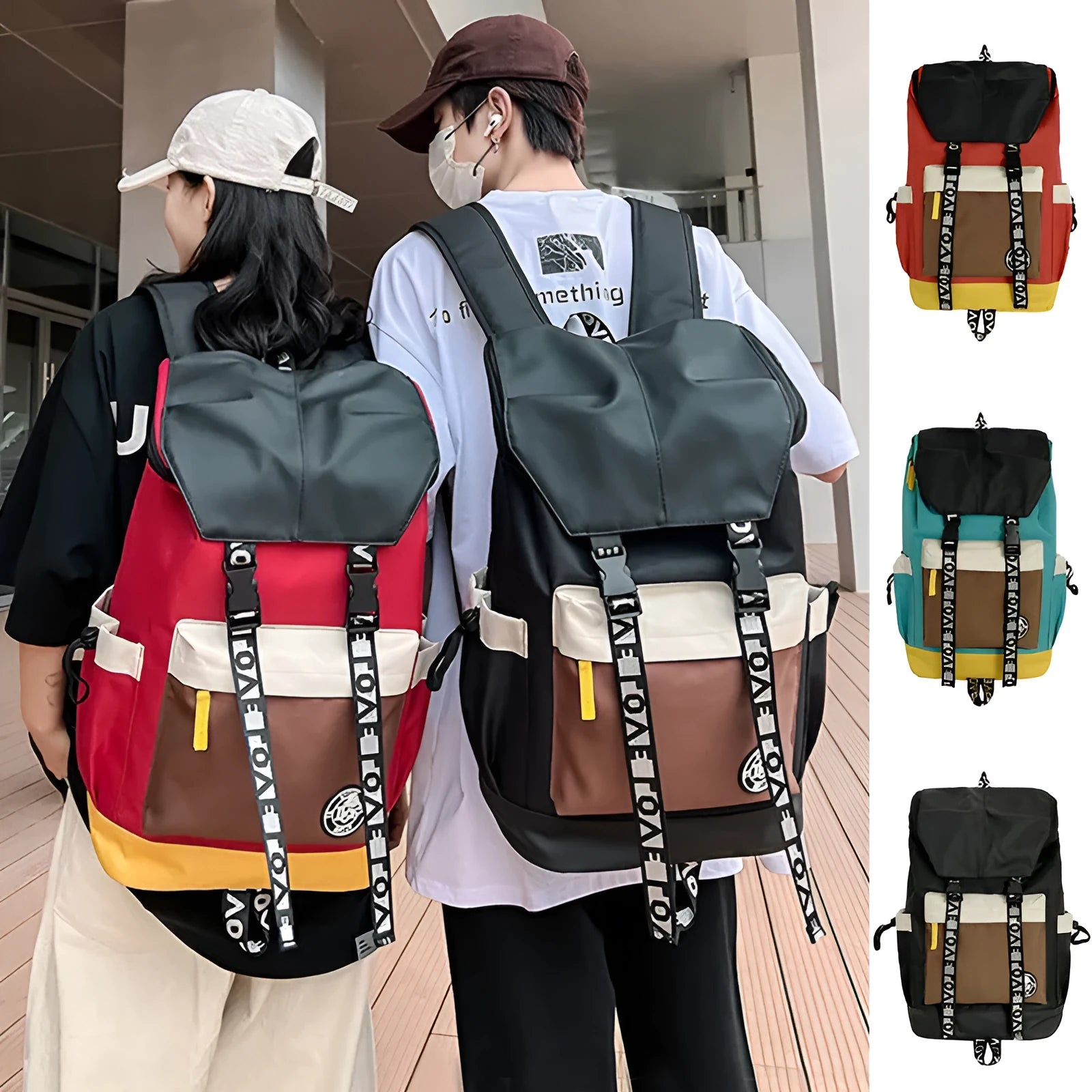 Oxford cloth student backpack shown in black, green, or red with multiple carry straps.