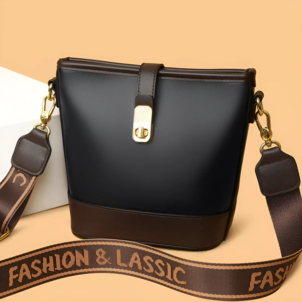 Korean style women's bucket bag in black with double shoulder straps and internal organiser compartments