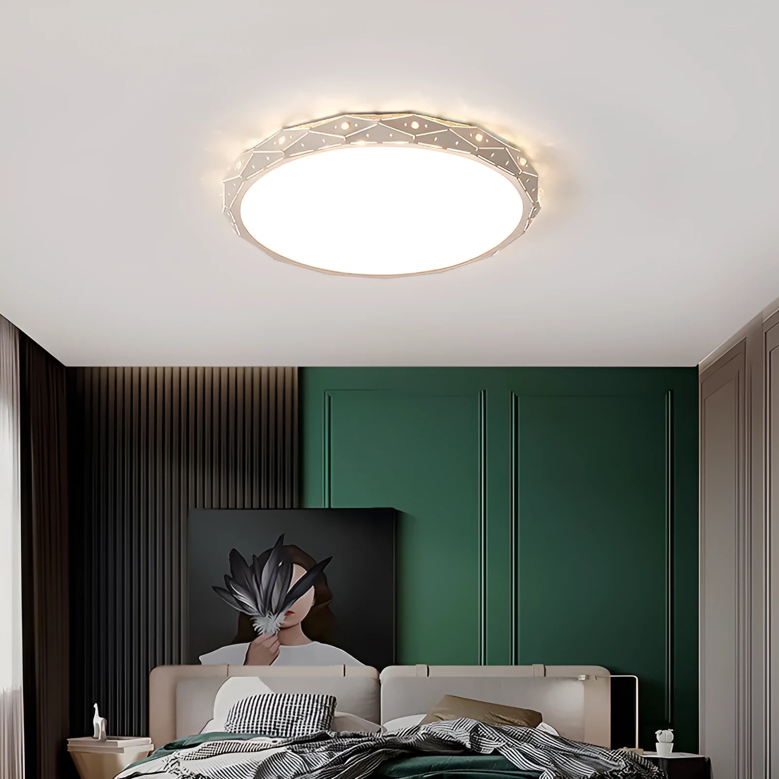 Round LED ceiling light with black iron frame and dimmable function for room illumination.