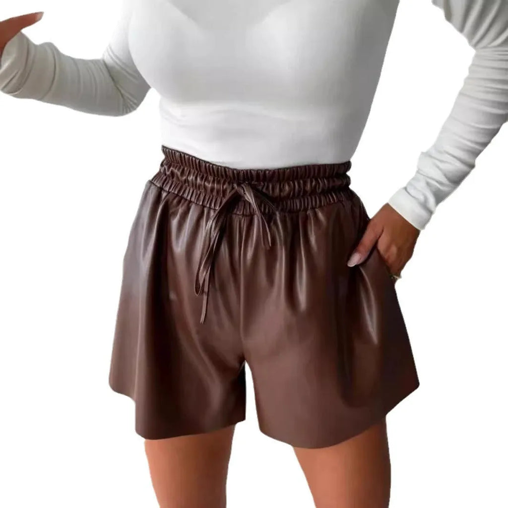 Women's black wide-leg casual shorts with a lace-up drawstring waist and a straight-leg cut.