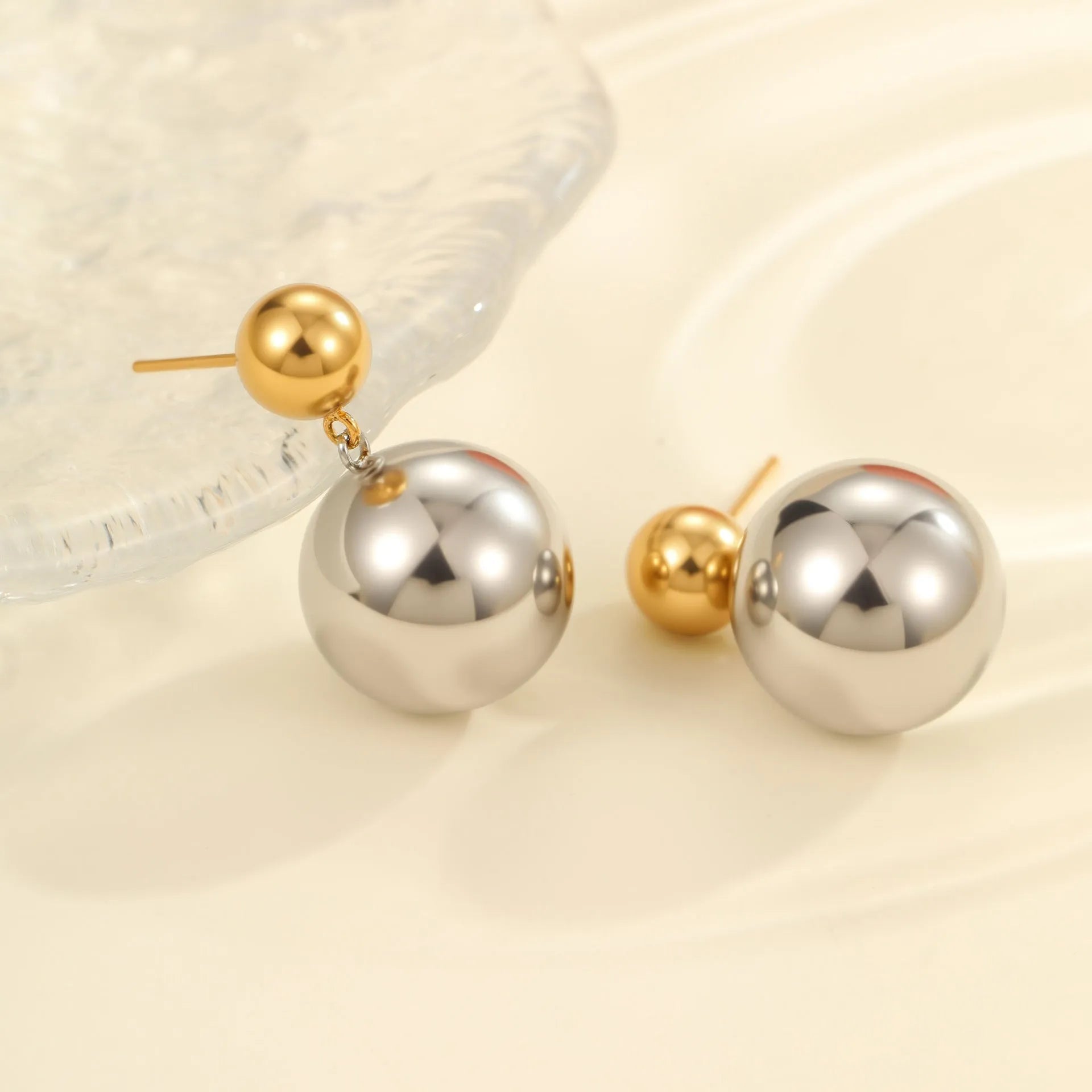 Stainless steel colour-block ear studs with round sphere beads and 18K gold electroplated finish