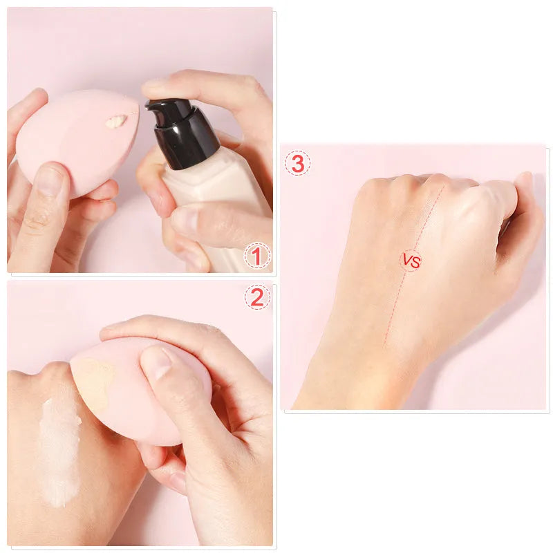 Five mini beauty eggs cosmetic sponges in blue pink and purple with flocking velour surface