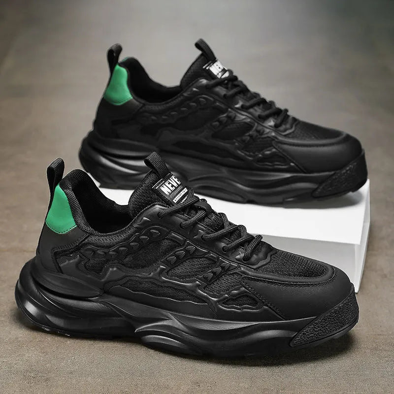 Men's solid colour PU mesh casual trainers in black or white on a white background.