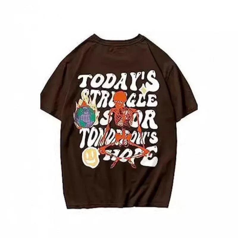 Men's grey printed streetwear short-sleeved sports T-shirt on a hanger.