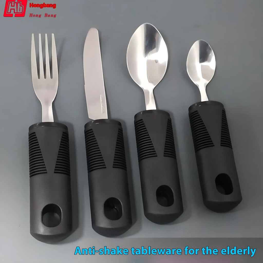 Stainless steel adaptive cutlery with rubber anti-shake grips and bendable handles