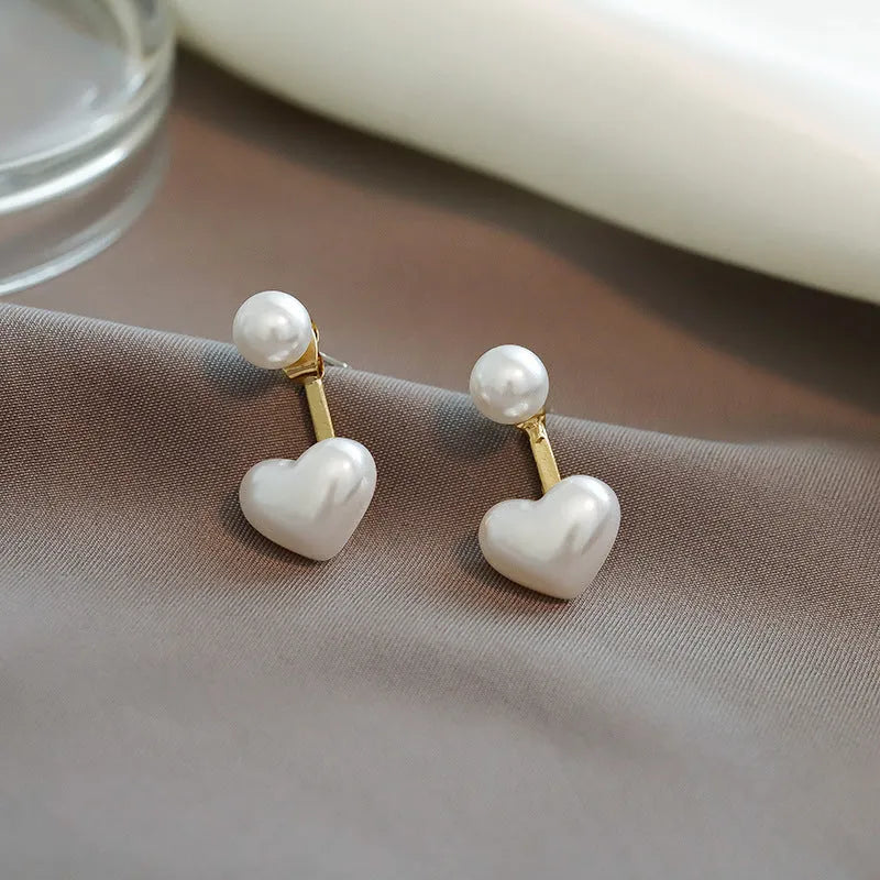 Heart-shaped alloy stud earrings with electroplated finish and artificial gem inlays, Korean style design