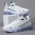 White men's casual running shoes with rotating button closure and mesh upper