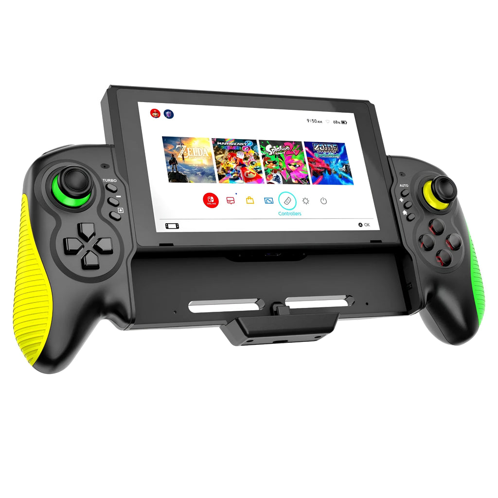 Yellow-green game controller with in-line handles for Nintendo Switch and PC, showing USB Type-C port.