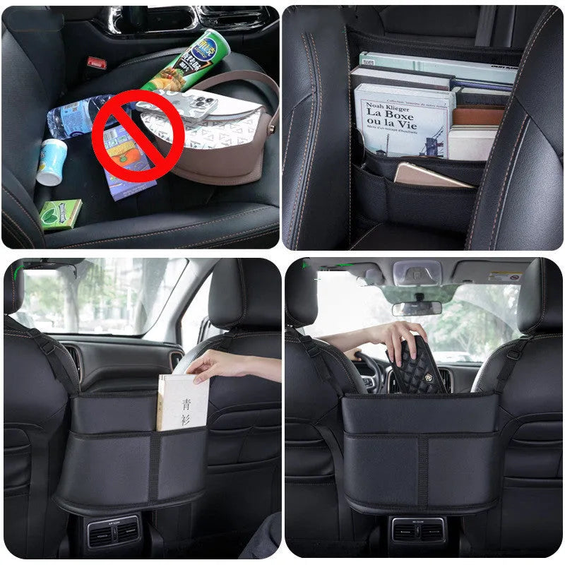 Black genuine leather car seat storage organiser with carbon fibre pattern measuring 38x24x15cm