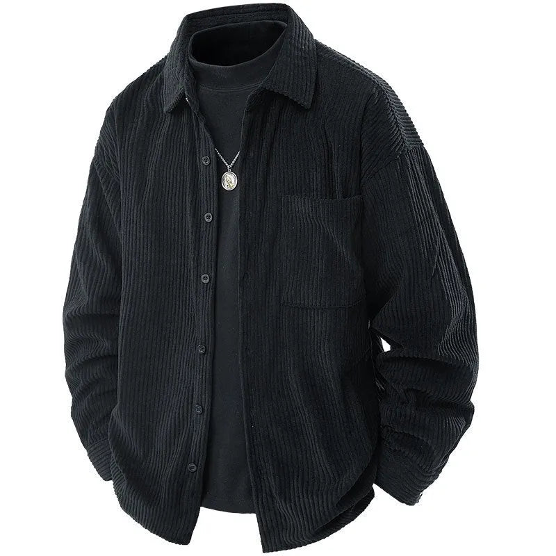 Men's corduroy shirt collar fake two-piece coat in black, front view, long sleeves, straight hem, button front