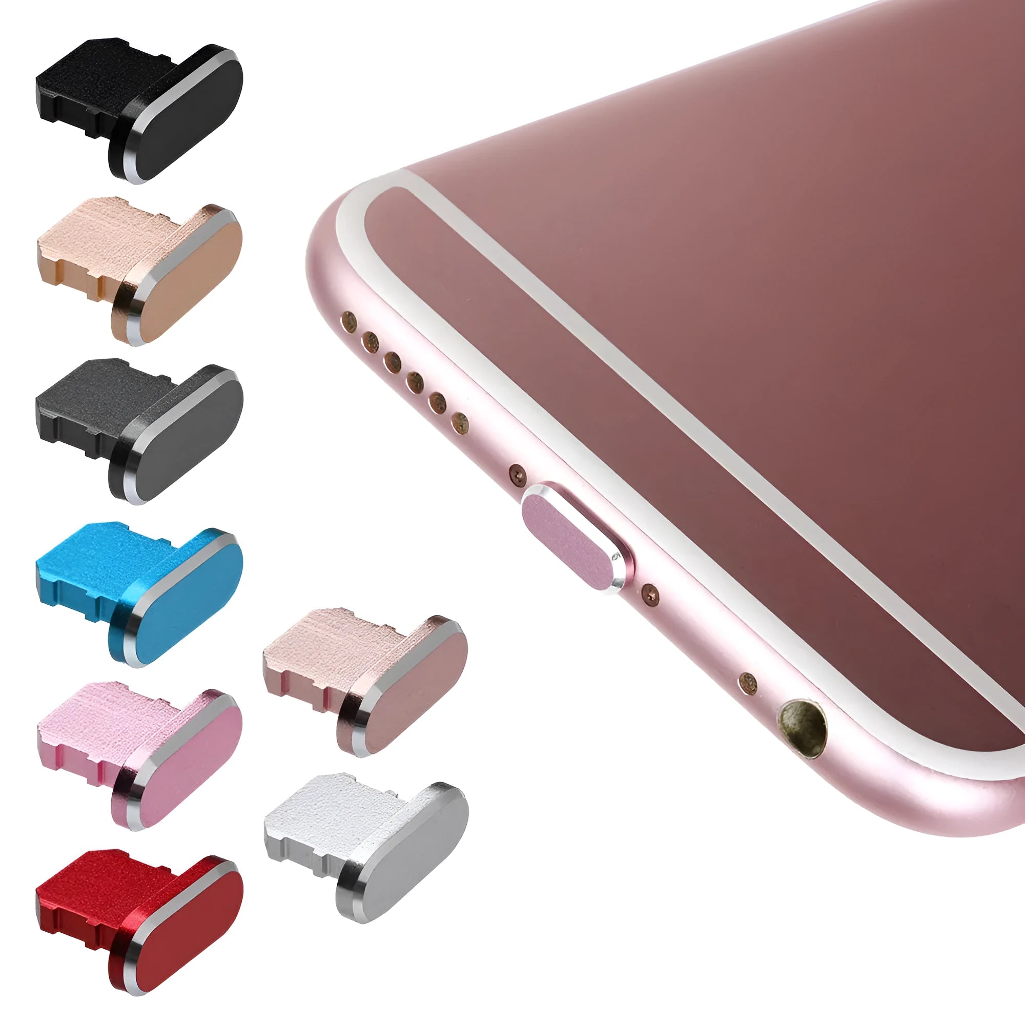 Aluminium alloy iPhone charging port dust plug in metallic colours on a dark background.