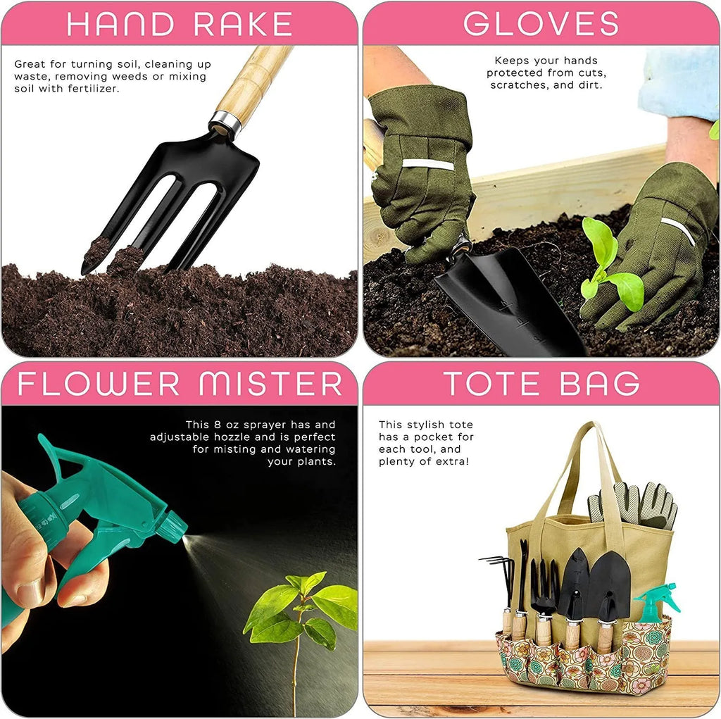 Eight-piece stainless steel gardening tool set including trowel, weeder, and cultivator