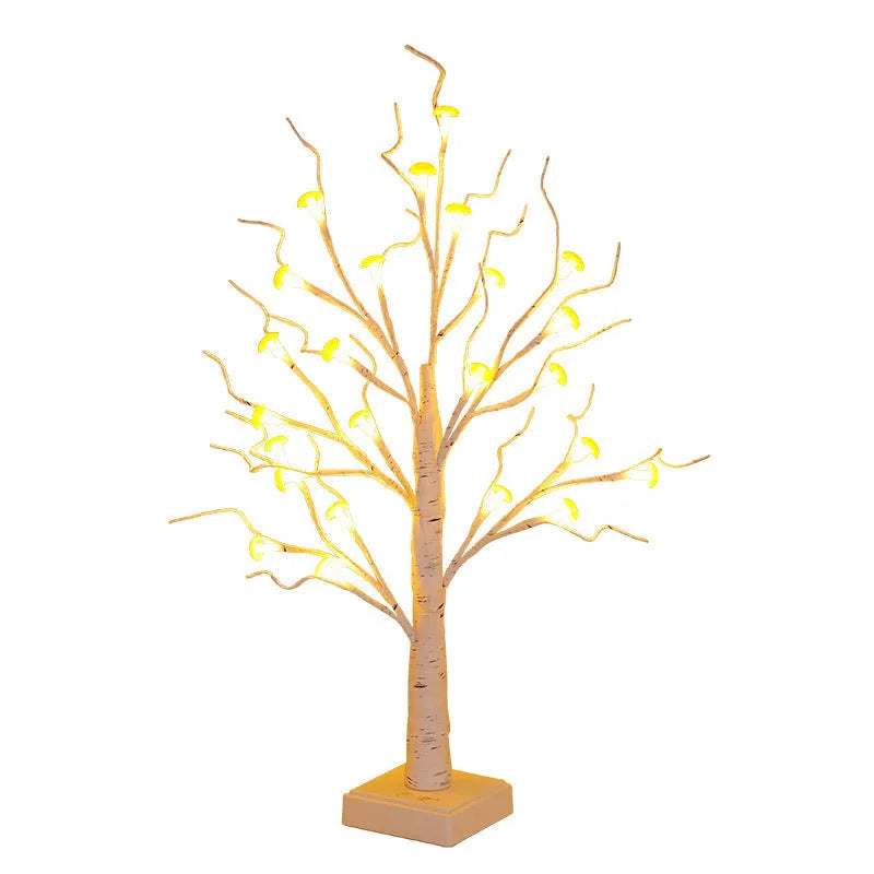60cm tall birch tree LED lamp with 24 white mushroom decorations glowing with warm white light