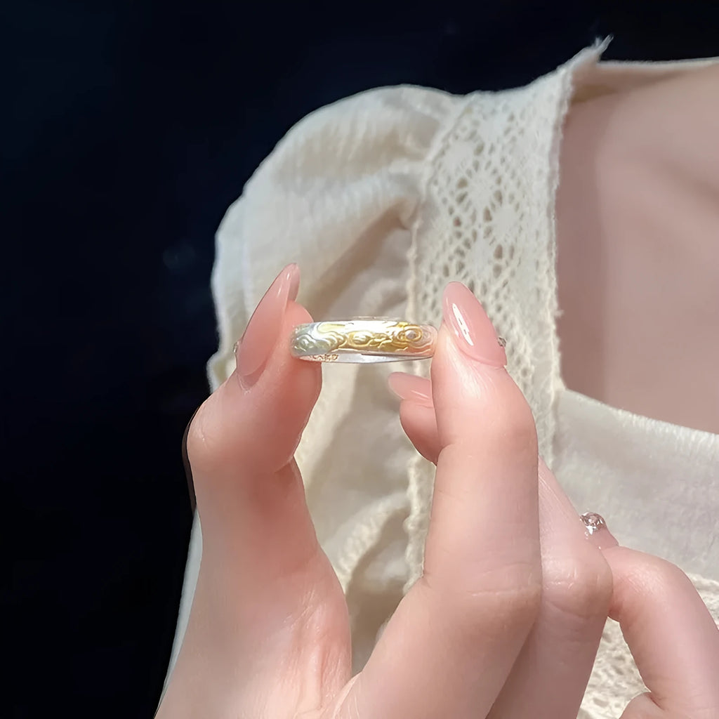 White copper open mouth ring with J14 Xiangyun geometric pattern and silver gold electroplated finish